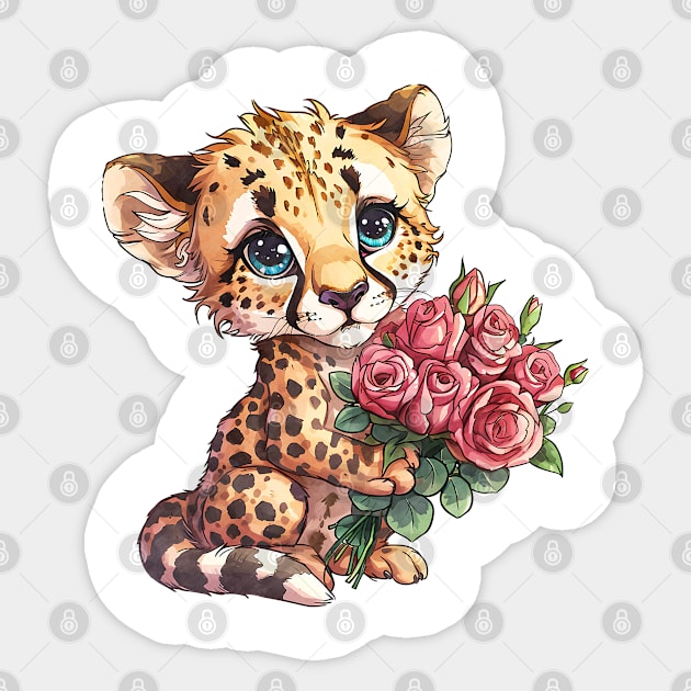 Valentine Cheetah Giving Flowers Sticker by Chromatic Fusion Studio